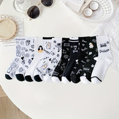 8 Pairs Cute Cartoon Print Comfy College Style Women's Socks