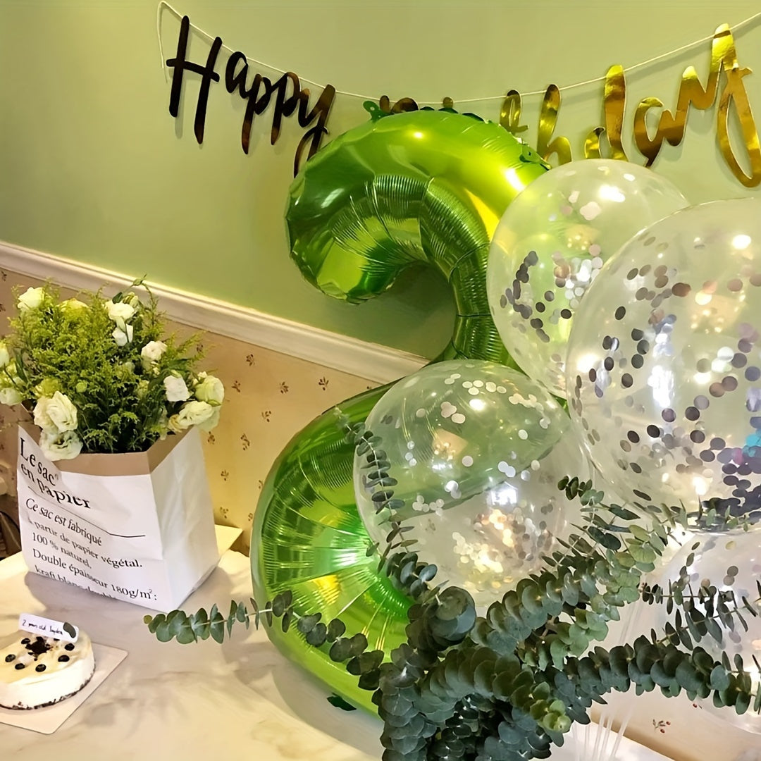 3pcs 101.6cm Green Foil Number Balloons w/ Ribbon & Straw