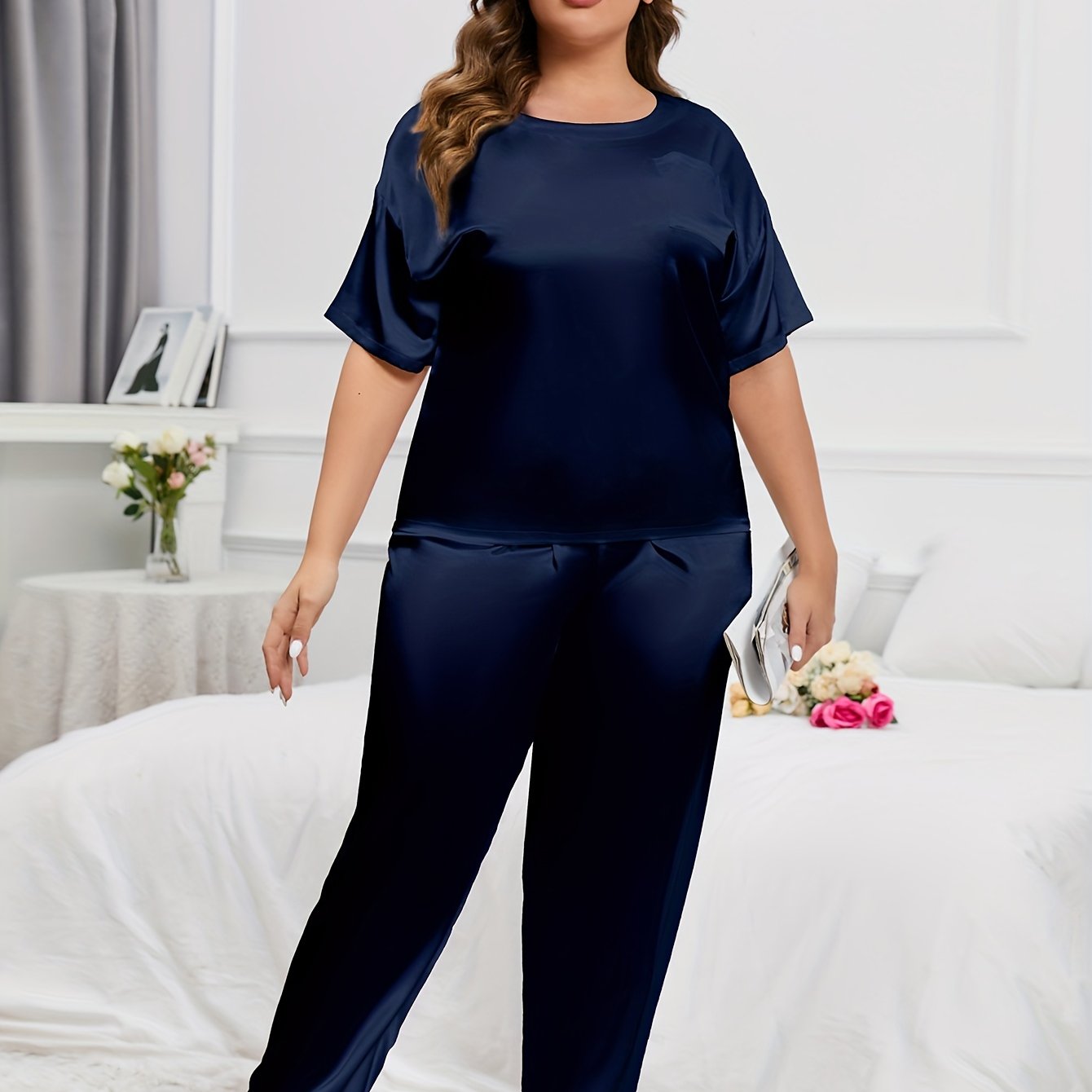 Satin Lounge Set Short Sleeve Top & Pants Pajamas