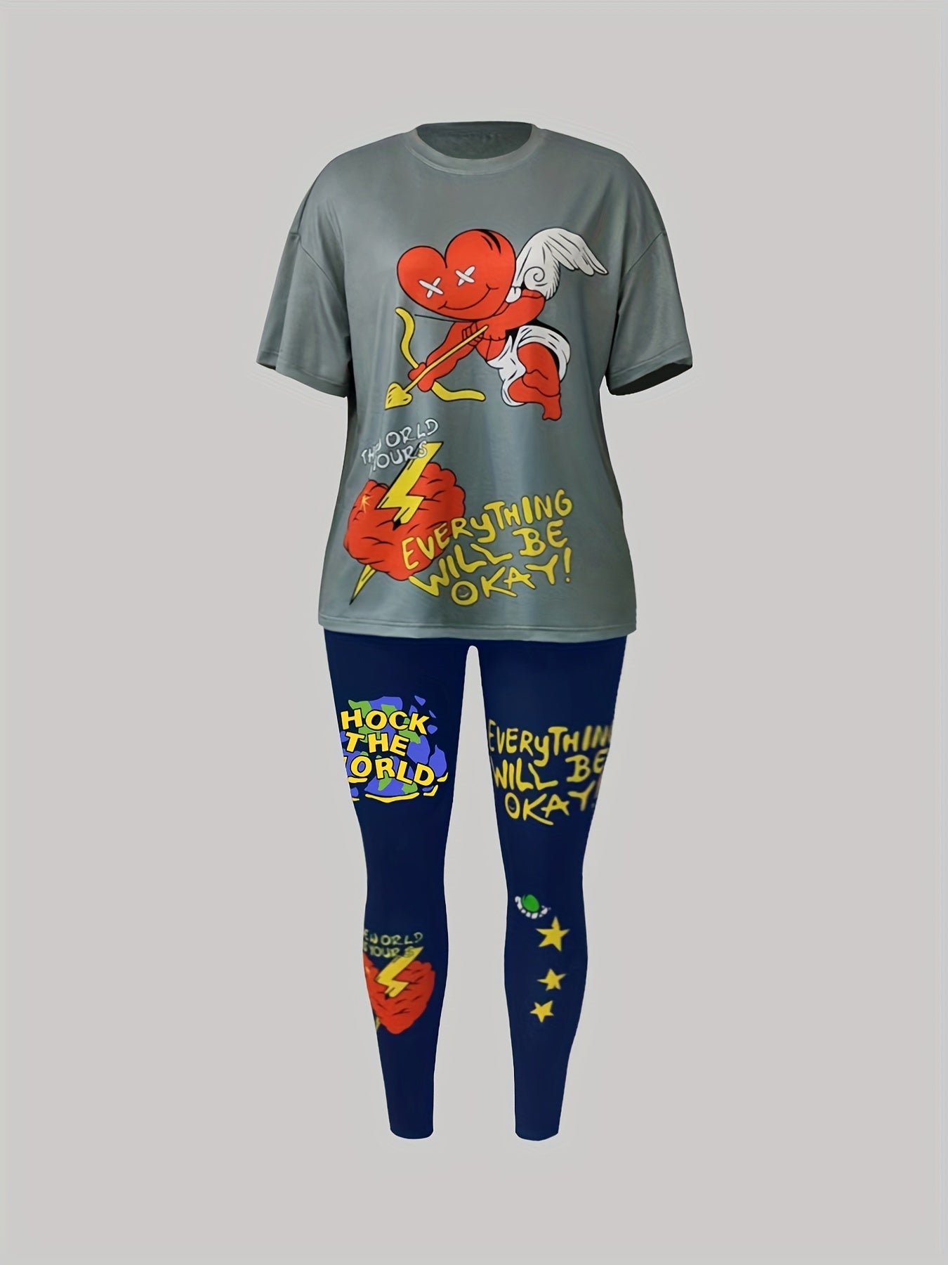 Casual Two Piece Set: Slogan Graphic Print Crop Top & Leggings Outfits