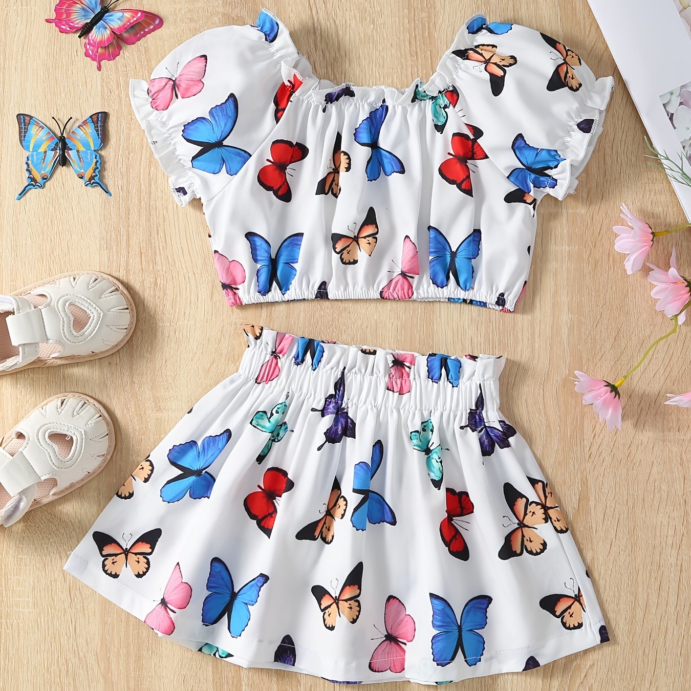 2pcs Girls Butterfly Print Bardot Top & Skirt Set