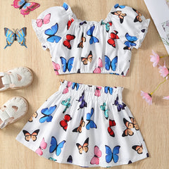 2pcs Girls Butterfly Print Bardot Top & Skirt Set