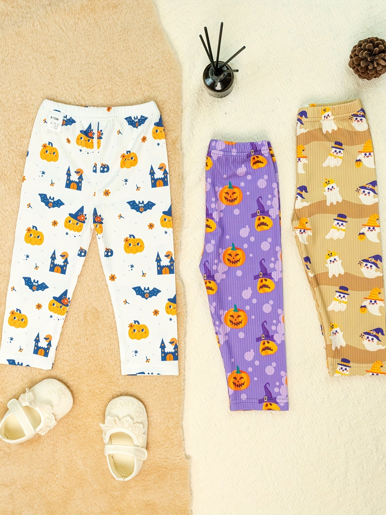 3pc Halloween Leggings For Girls, Cartoon Pattern Ankle Leggings Set