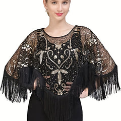 Vintage Tassel Sequins Embroidery Shawl Flapper Wrap Cardigan Cloak