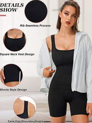 Ribbed Square Neck Sleeveless Romper High Elasticity Jumpsuit