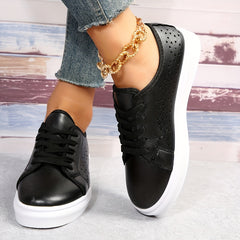 Women's Perforated Skate Shoes Breathable Lace Up Flat Sneakers