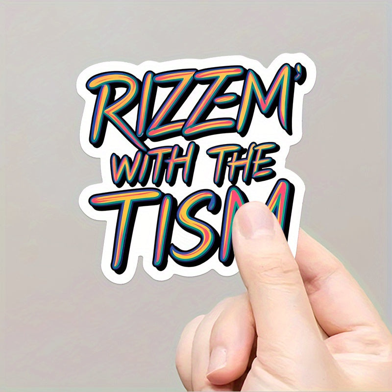Rizz M' with the Tism Sticker Vibrant Rainbow Text Funny Autism Car Sticker