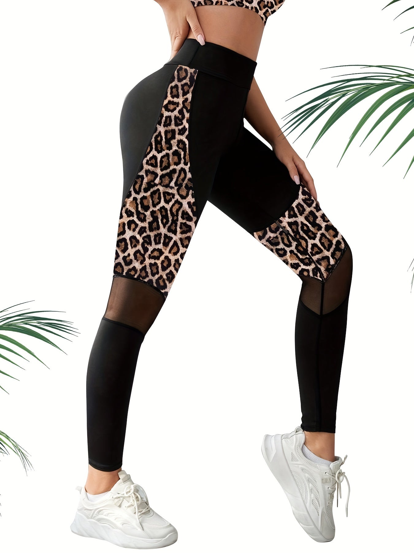 Leopard Print Mesh Stitching Tight Leggings Sports Yoga Pants