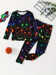 Girls Halloween 2pcs Pajamas Set Pumpkin Bats Print Long Sleeve