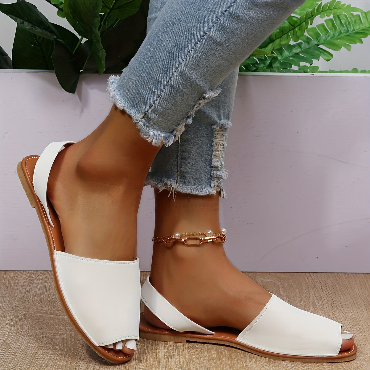 Women's Peep Toe Flat Sandals Slingback Non Slip Casual Slip On Sandals