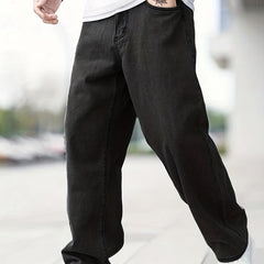 Casual Wide Leg Jeans Men's Solid Denim Pants