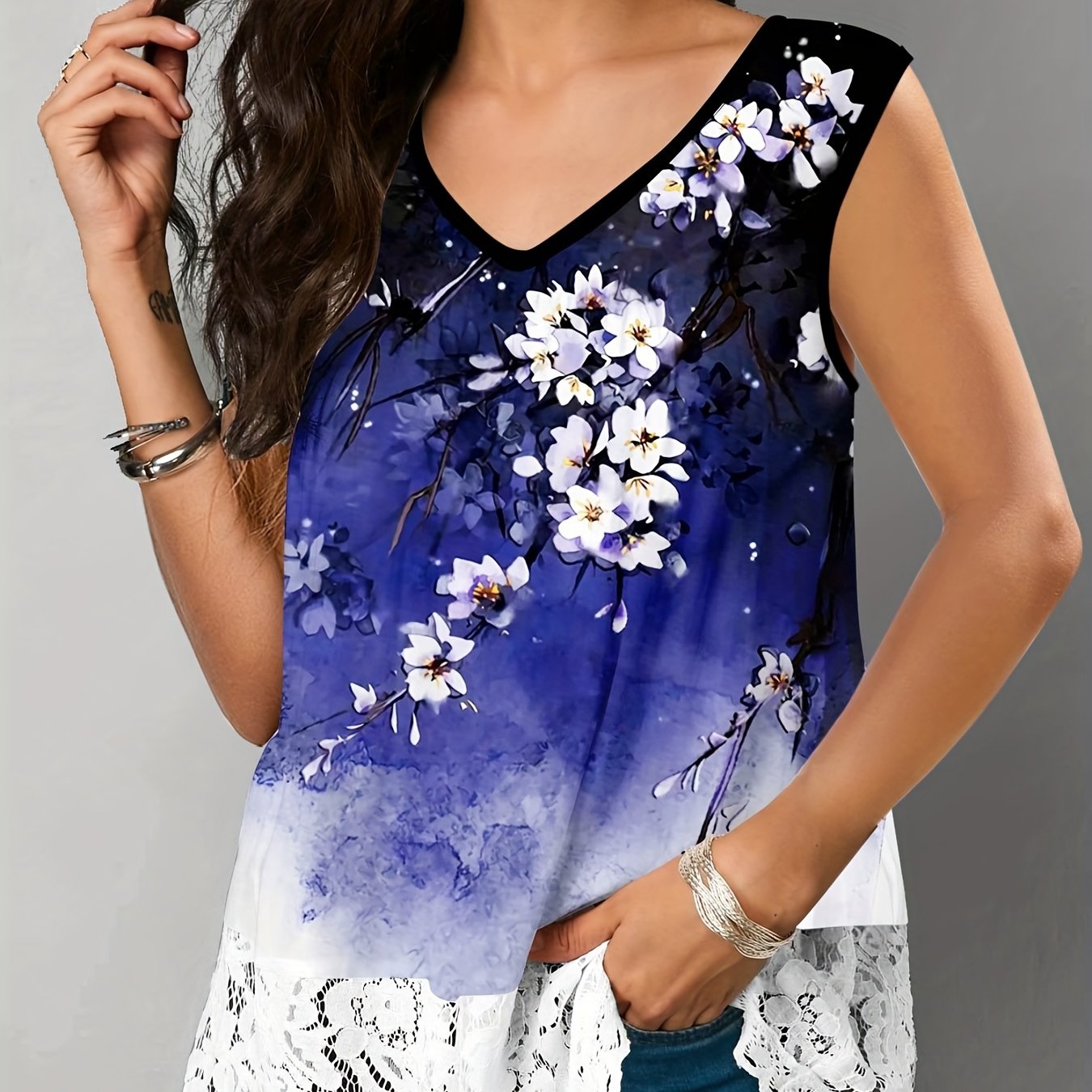 Floral Print V Neck Tank Top Sleeveless Summer Casual Women's Clothing