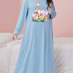 Women's Animal Print Nightdress Long Sleeve Round Neck