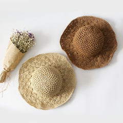 Wide Brim Crochet Sun Hat Hollow Breathable Straw Hat Women Travel Sunscreen