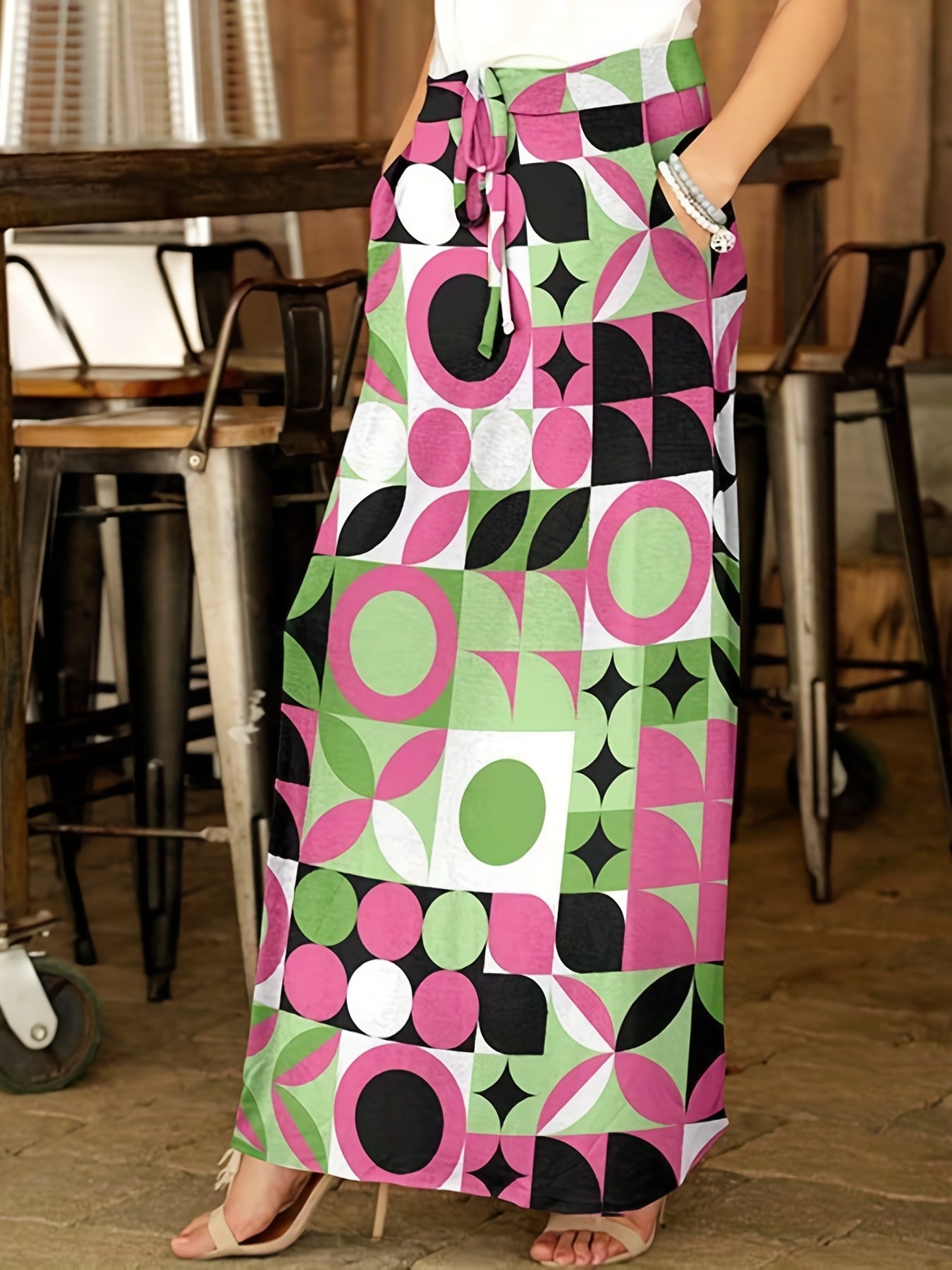 Geometric Print Maxi Skirt With Pockets