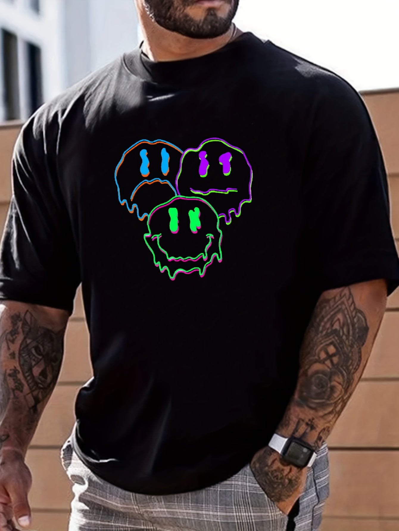 Cartoon Face Print Men's Graphic Crew Neck T shirt Casual Comfy Tees