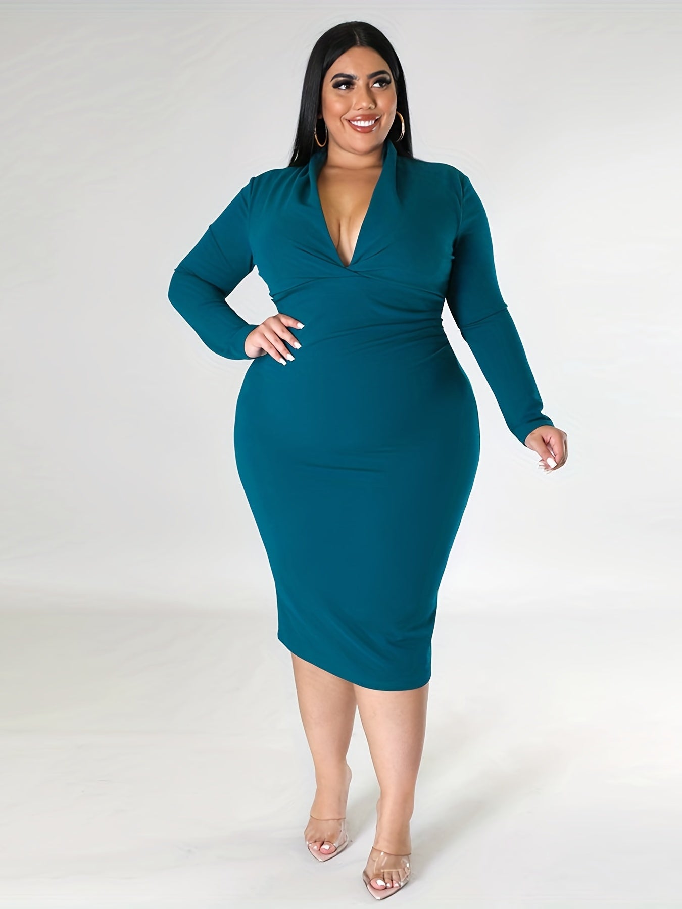 Solid Long Sleeve V Neck Midi Slim Fit Dress