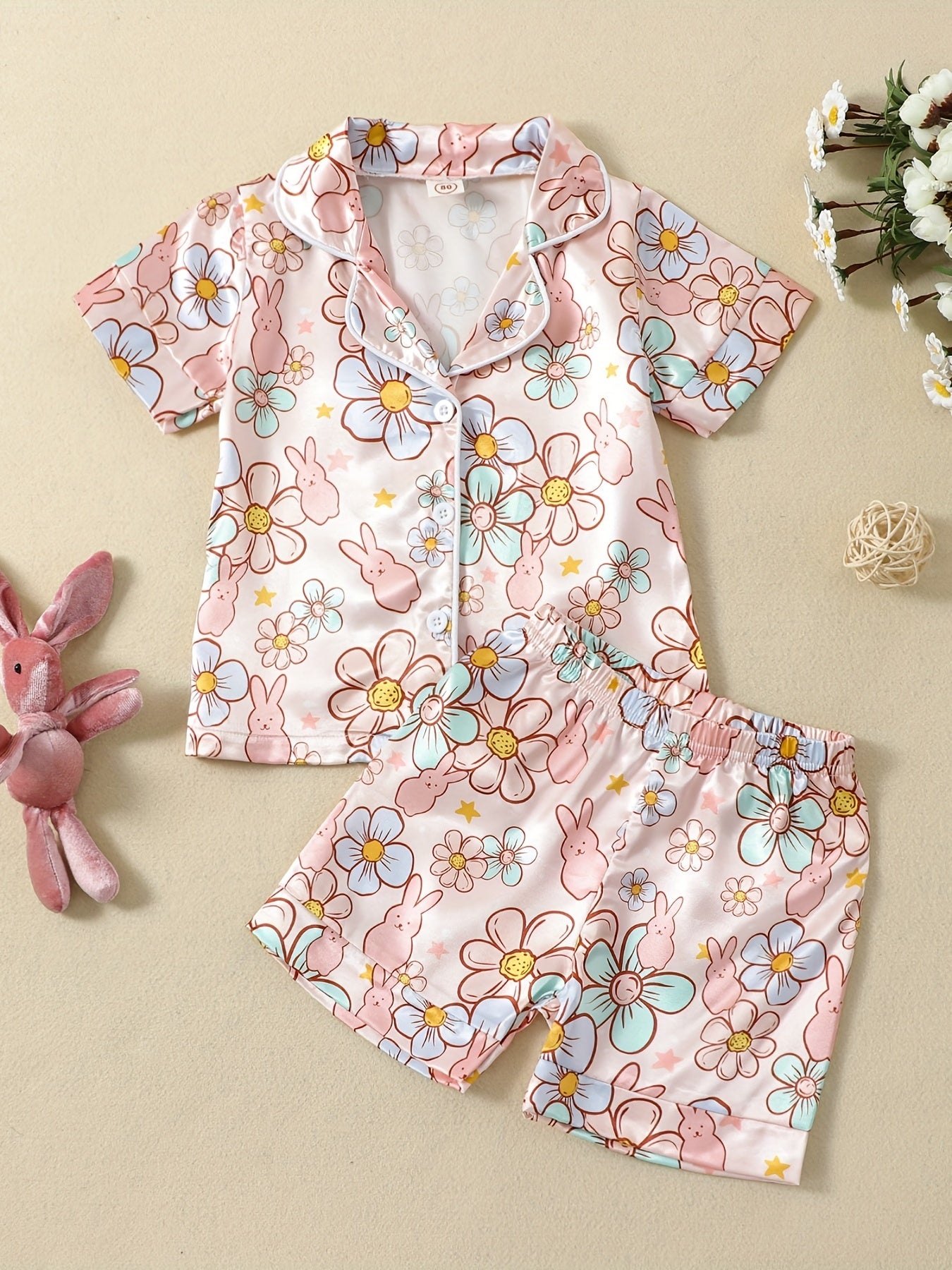 Flower & Bunny Print Pajama Set Baby Girls Loungewear