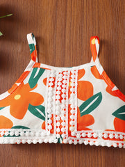 2pcs Baby Girls Floral Print Camisole Top & Eyelet Belted Skirt Set