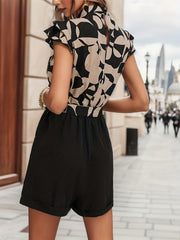 Floral Print Belted Romper Jumpsuit Casual Layered Flutter Sleeve Jumpsuit