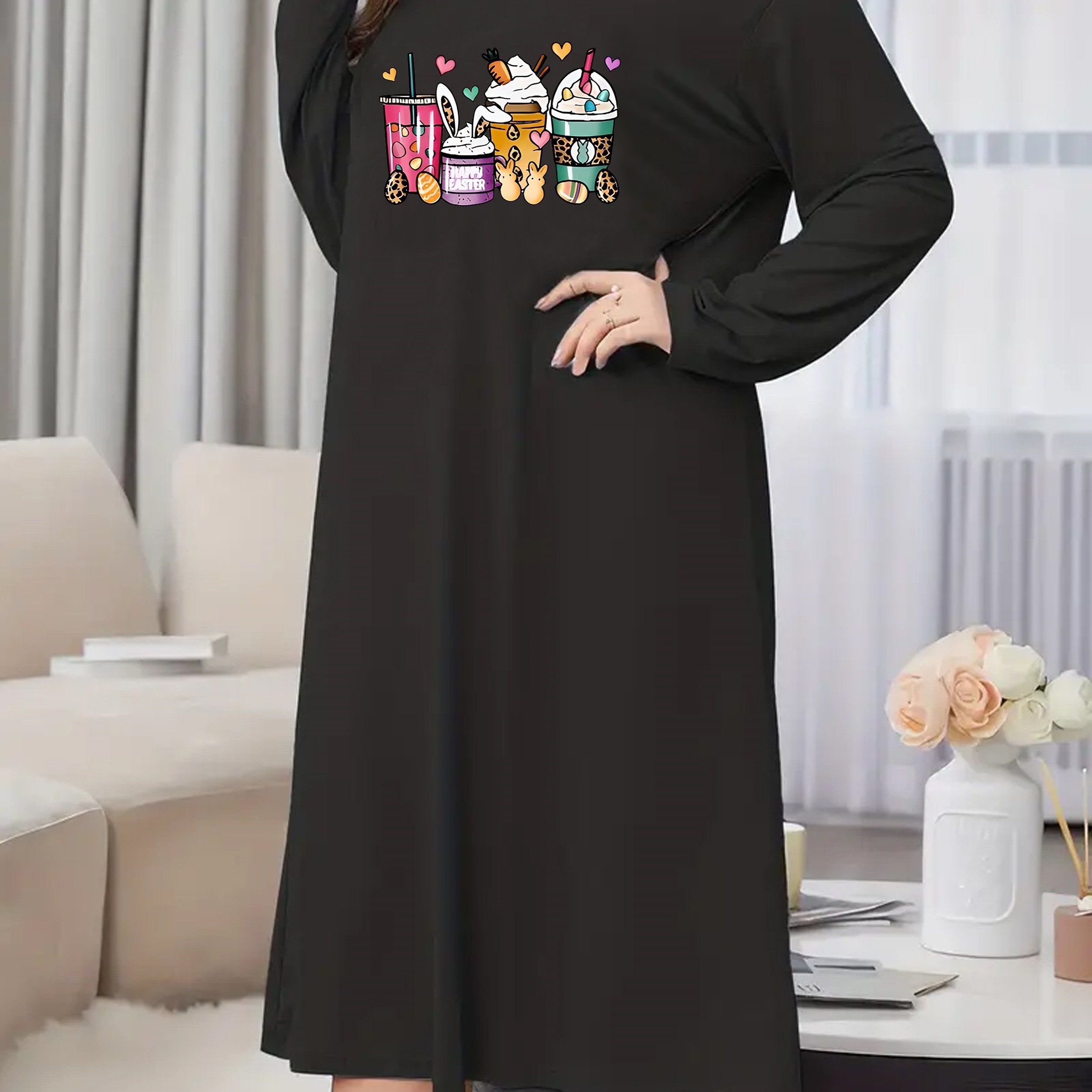 Casual Nightdress Women's Plus Drinks Print Long Sleeve