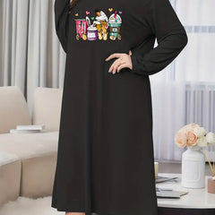 Casual Nightdress Women's Plus Drinks Print Long Sleeve