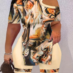 Women's Plus Fluid Print Mock Neck Top & Shorts Two Piece Set