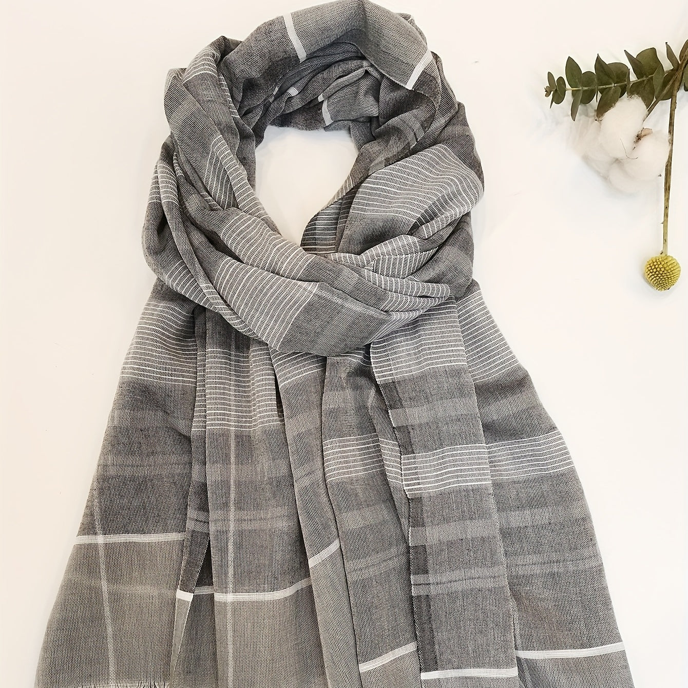 Gray Stripe Print Scarf Plaid Casual Shawl Frayed Edge Windproof Sunscreen