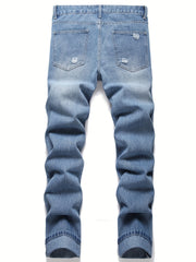 Men's Distressed Denim Pants Straight Leg Ripped Cotton Jeans
