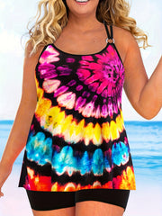 Rainbow Tie Dye Tankini Set Round Neck Cami Top & Shorts Swimsuit