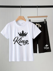 2pcs Boys Casual KING Letter and Crown Print T-Shirt&Shorts