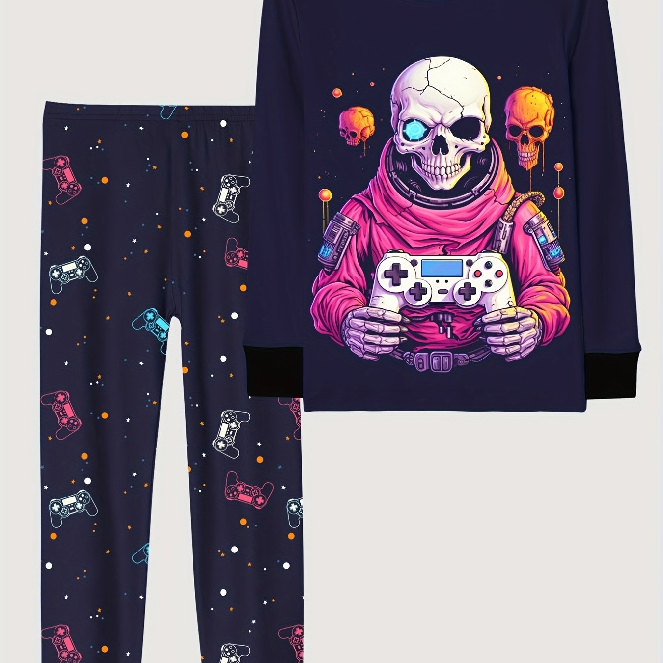 Skull Pattern Kids Pajama Set Halloween Style Comfy PJ Boy's Loungewear