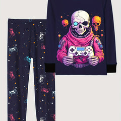 Skull Pattern Kids Pajama Set Halloween Style Comfy PJ Boy's Loungewear