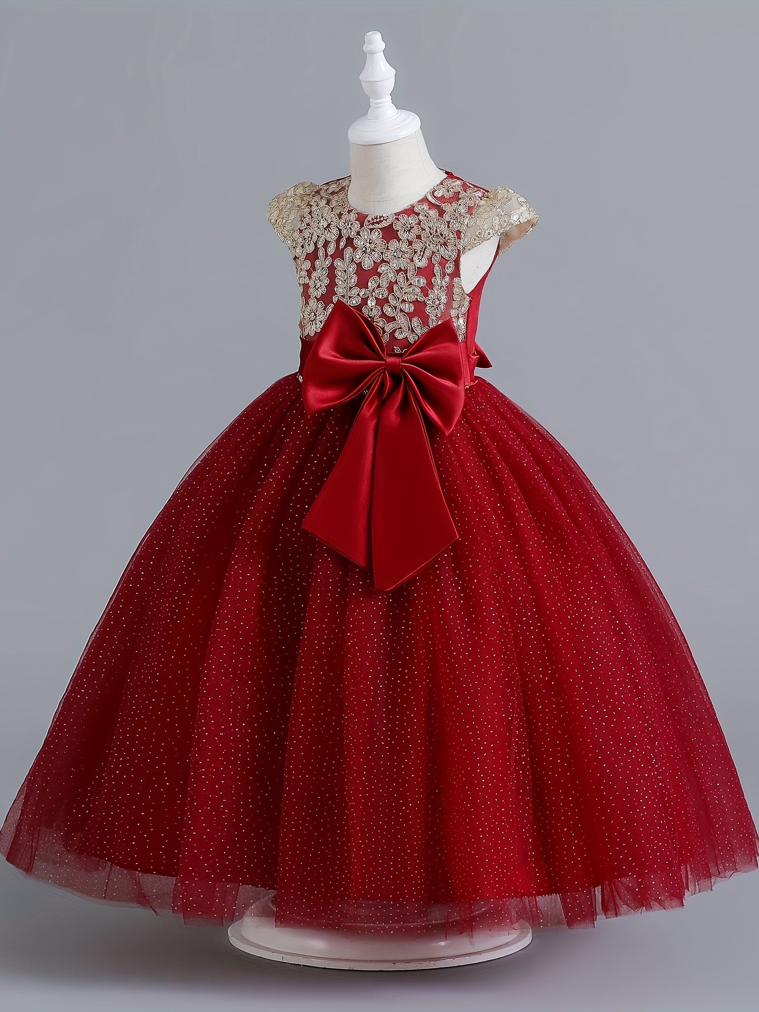Cap Sleeve Rhinestone Embroidered Formal Dress for Big Girls