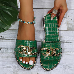 Metal Chain Decor Flat Slippers Open Toe Non Slip Patent Leather Slides