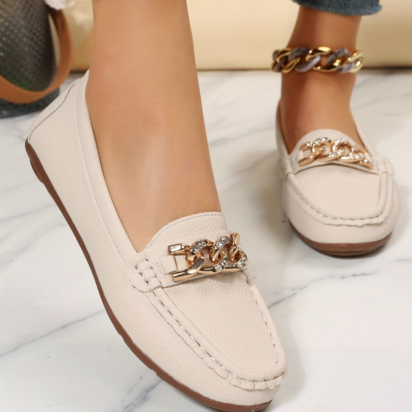Women's Chain Loafers Rhinestone Slip-on Casual Shoes