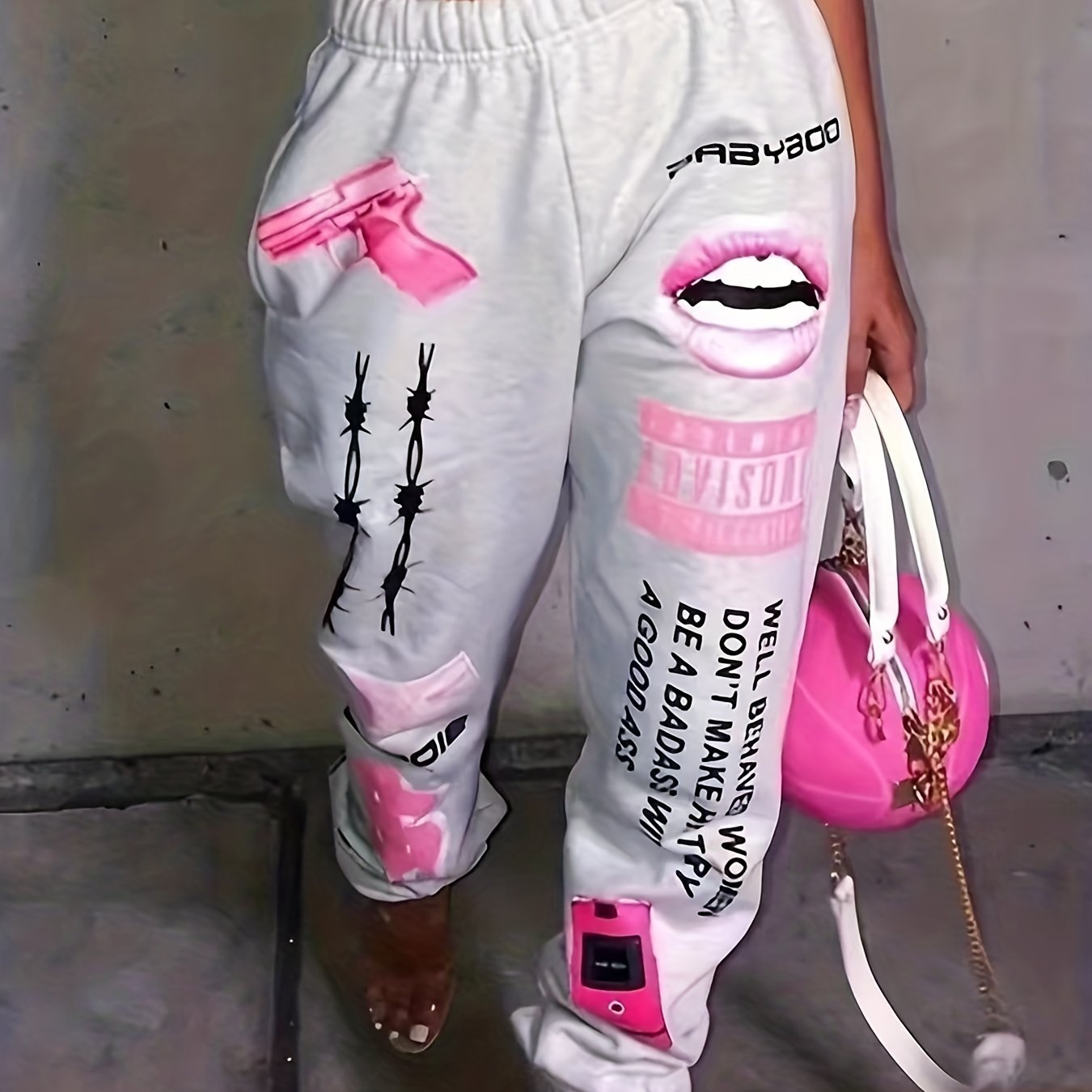 Letter & Lips Print Pants Casual Sporty Elastic Waist Pants