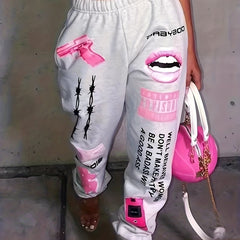 Letter & Lips Print Pants Casual Sporty Elastic Waist Pants
