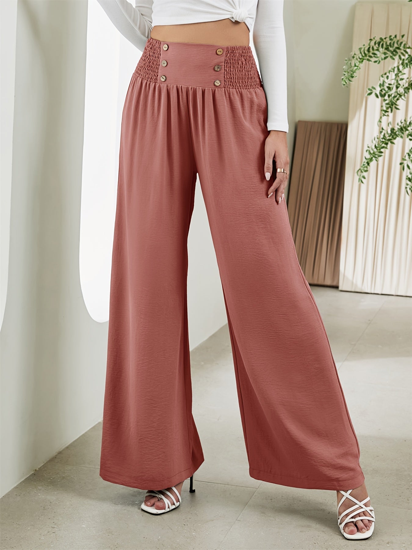 Smocked Waist Wide Leg Pants Solid Elastic Long Length