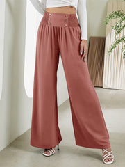 Smocked Waist Wide Leg Pants Solid Elastic Long Length