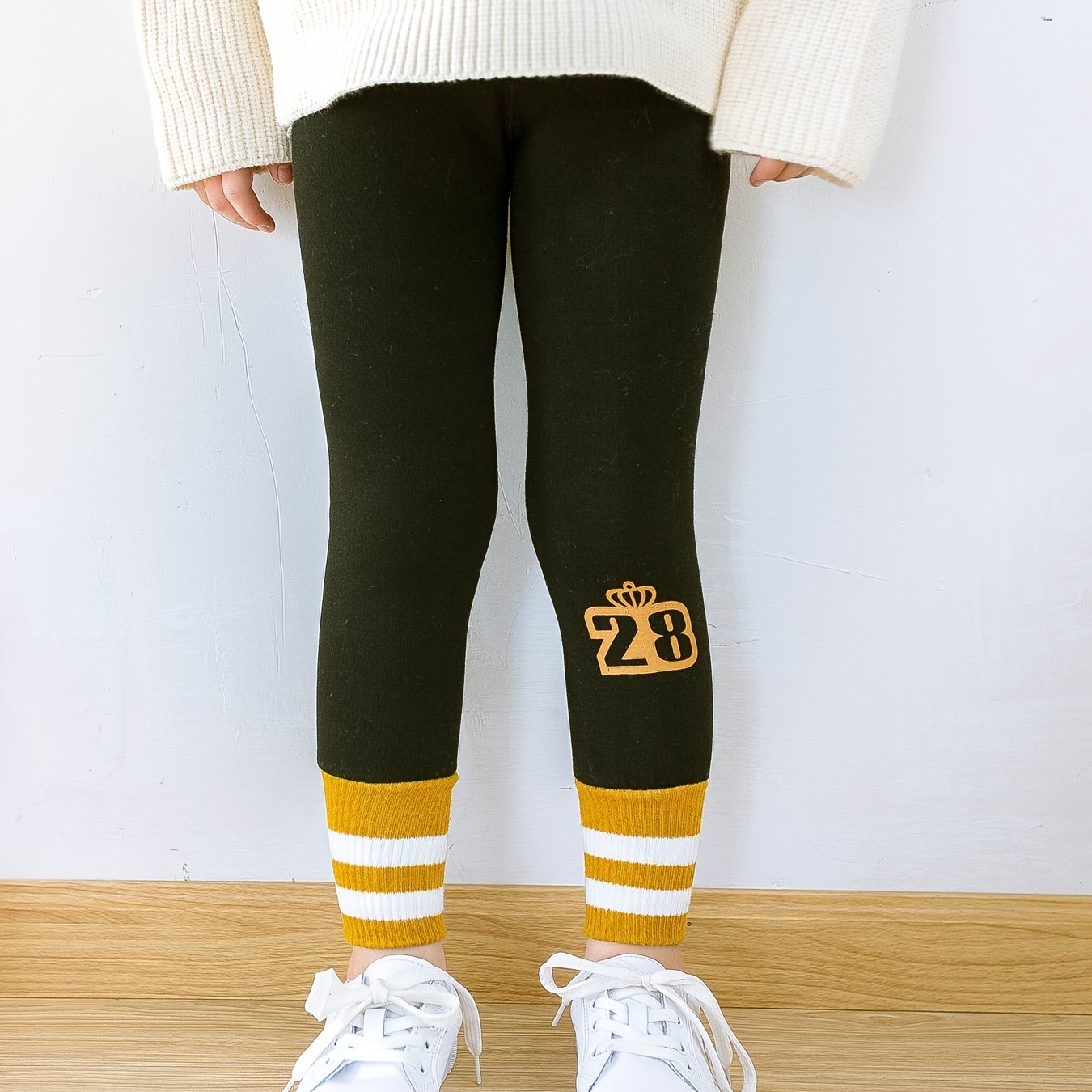 Girls Soft Fleece Leggings Footless Tights Number Print Striped Pants