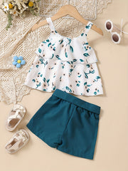 2pcs Baby Girls Floral Camisole Top & Shorts Set with Belt