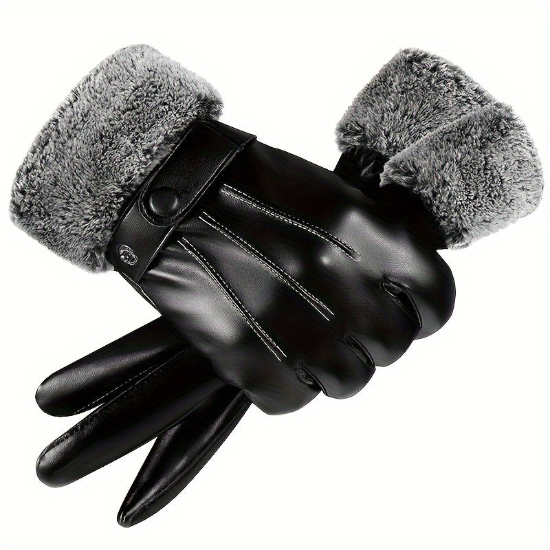 Men's Warm Gloves Motorcycle Riding Cold proof Leather Gloves Plus Velvet