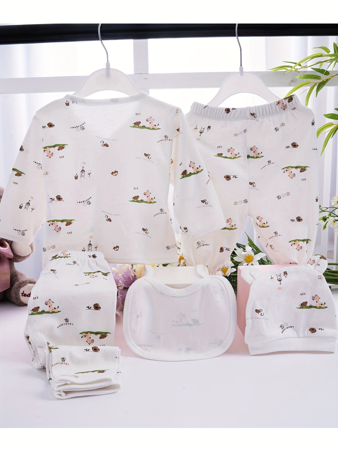 Newborn Baby 5pcs Outfit Pregnancy Cardigan Top Trousers Bib Hat Set