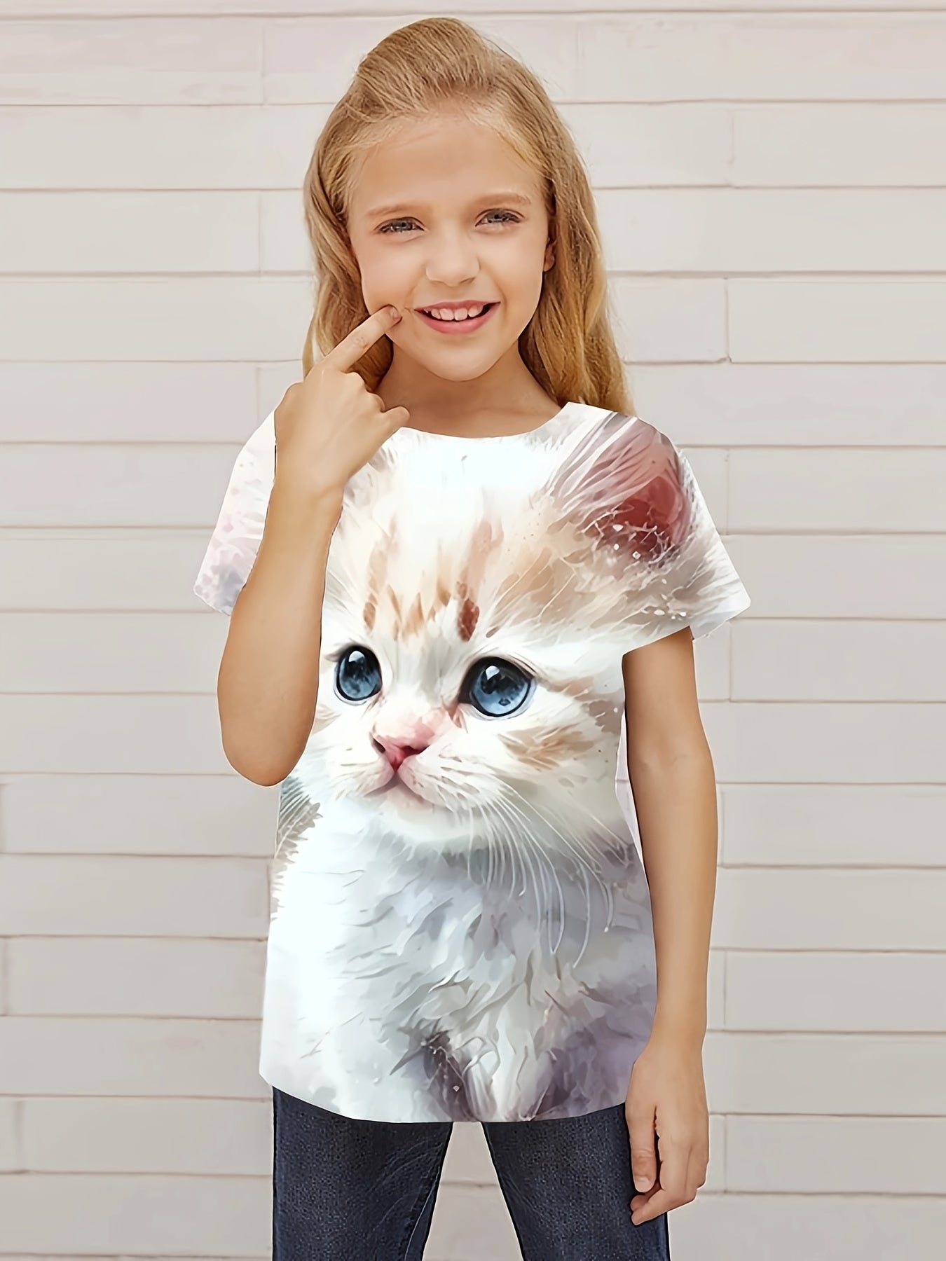 Funny Kitty Graphic Short Sleeve T-shirt For Girls