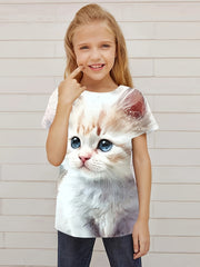 Funny Kitty Graphic Short Sleeve T-shirt For Girls