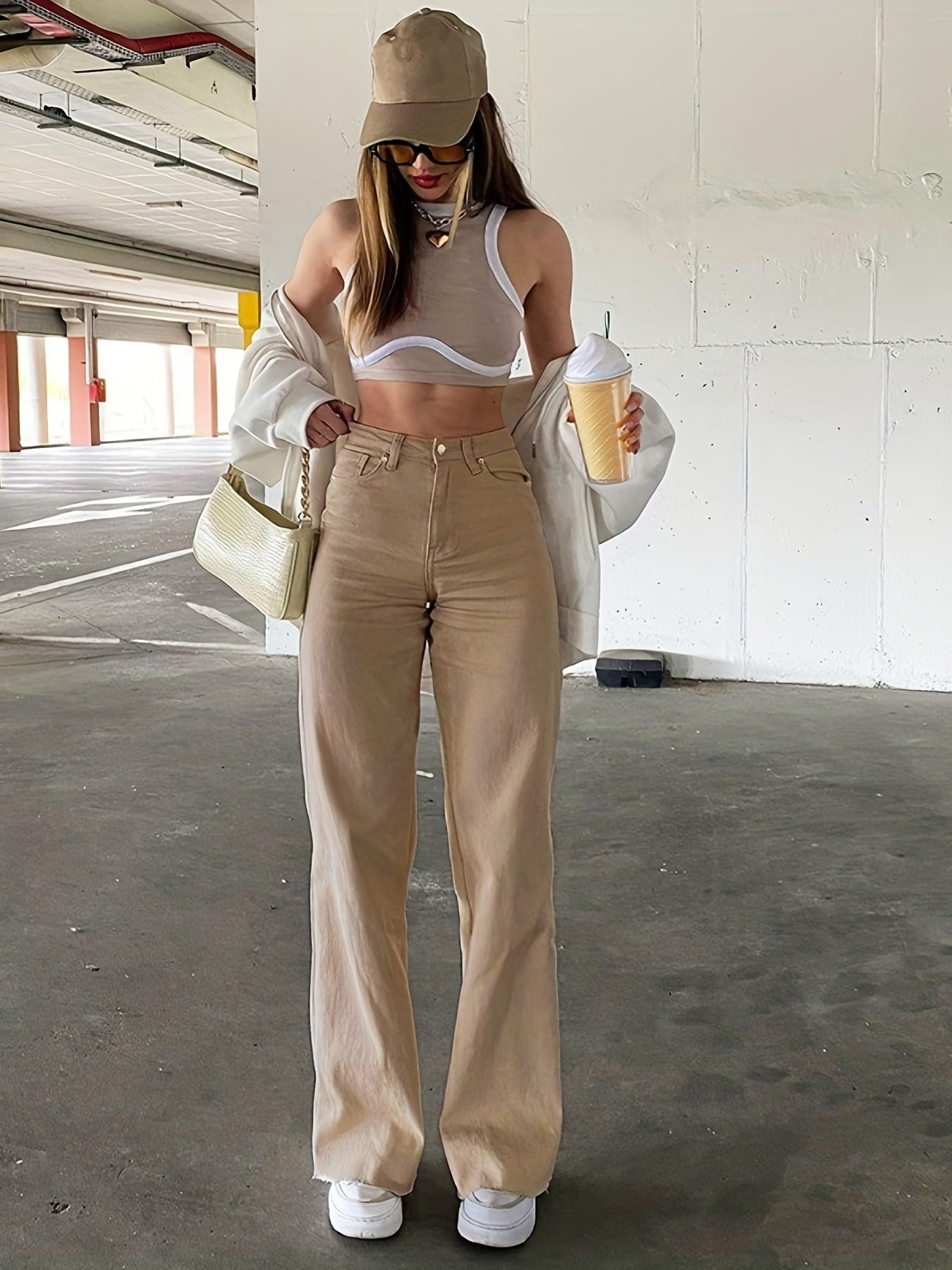 High Waist Straight Jeans Slash Pockets High Rise Wide Leg Denim Pants