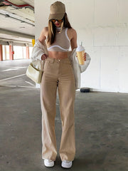 High Waist Straight Jeans Slash Pockets High Rise Wide Leg Denim Pants