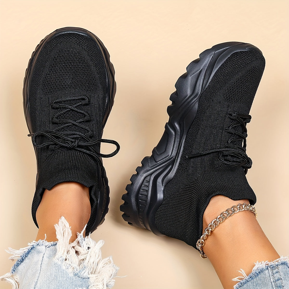 Women's Knit Sock Sneakers Lace Up Running Shoes Non slip Sport Shoes
