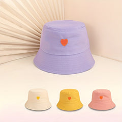 Peach Heart Embroidery Bucket Hat UV Protection Cotton Cloche